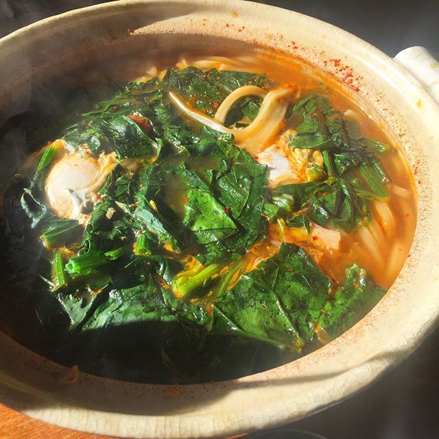 なぜか昼間からうどんすき風?味噌煮込みうどん鍋。去年の秋の帰省でいただいたうどんが賞味期限を迎えていたので慌てて食べる。