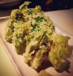 山菜の天ぷら盛りあわせ」！たらの芽、菜の花、ふきのとう！山菜三種を抹茶塩で！